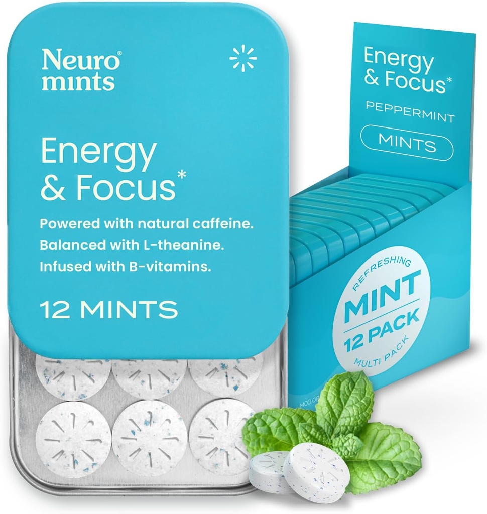 NeuroGum Energy Menthes de caféine (144 pièces) - Sans sucre avec L-théanine + Caféine naturelle + Vitamine B12 & B6 - Nootropic Energy & Focus Supplément pour les femmes et les hommes - Keto & Vegan, Peppermint Flavor