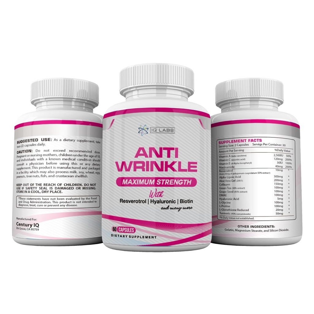 Skin Beauty Solutions (4) Suppléments Max anti-rides 240 Capsules avec/Résvératrol, acide alpha lipoïque, collagène, DMAE, Hyaluronique +Pills