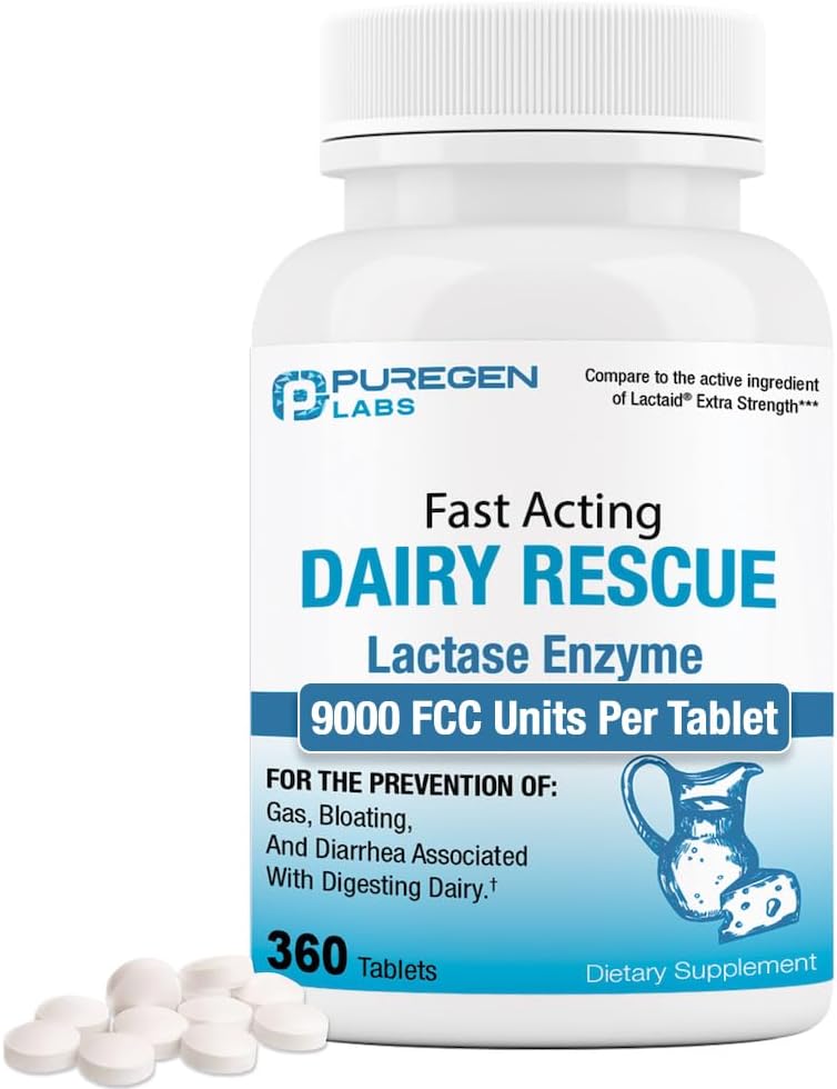 Puregen Labs Dairy Relief Enzyme de lactase à action rapide 9000 FCC, Pilules d'intolérance au lactose 360 comprimés