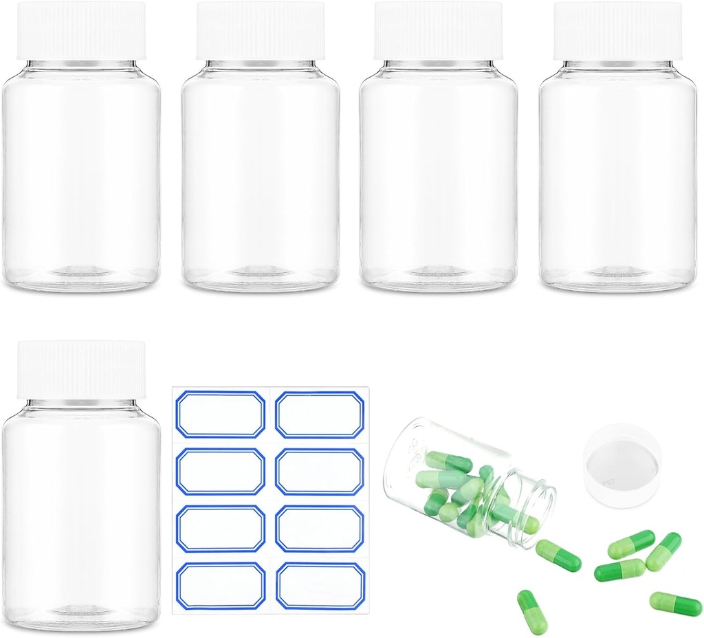 Clear Pill Bouteille 6Pcs Vide Médecine Organisateurs Bouteilles de Pill Plastique Réactifs Transparent Conteneurs 80ml Grand pot de stockage en poudre Bonnets de preuve pour les produits de toilette en poudre solide liquide