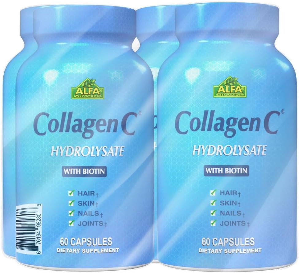CollagenC Hydrolysate - Capsules de collagène 4 Conditionnement avec Biotine et Vitamine C - 60 Capsules par bouteille pour la peau, les cheveux, les ongles, l'immunité et le soutien articulaire - 4 Conditionnement