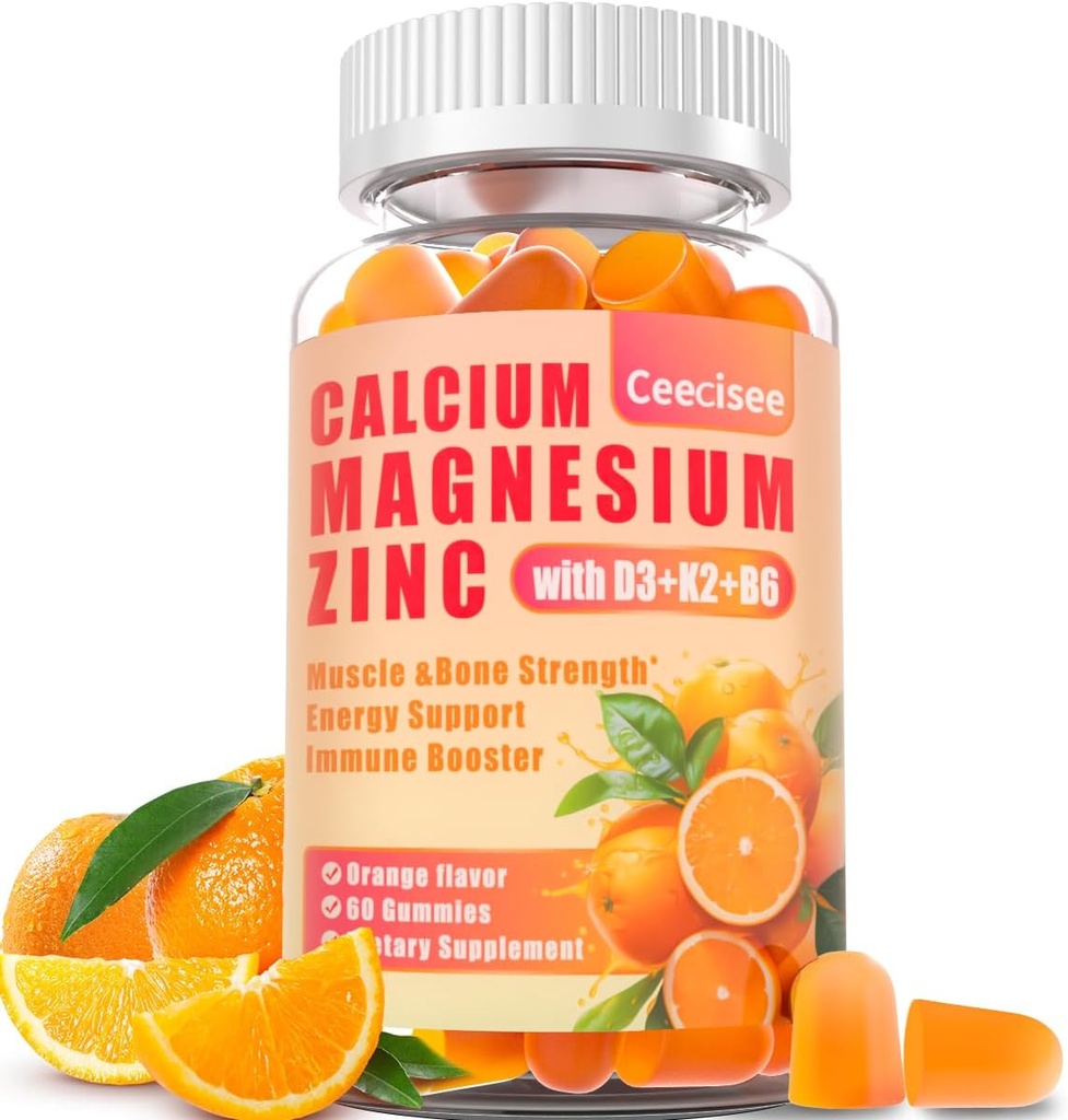 Gommies de zinc de magnésium de calcium avec D3 & B6 & K2,1000mg Gommies de calcium avec 300mg Soutien de magnésium Immune énergie pour les adultes et les adolescents, sans sucre(60 Nombre)
