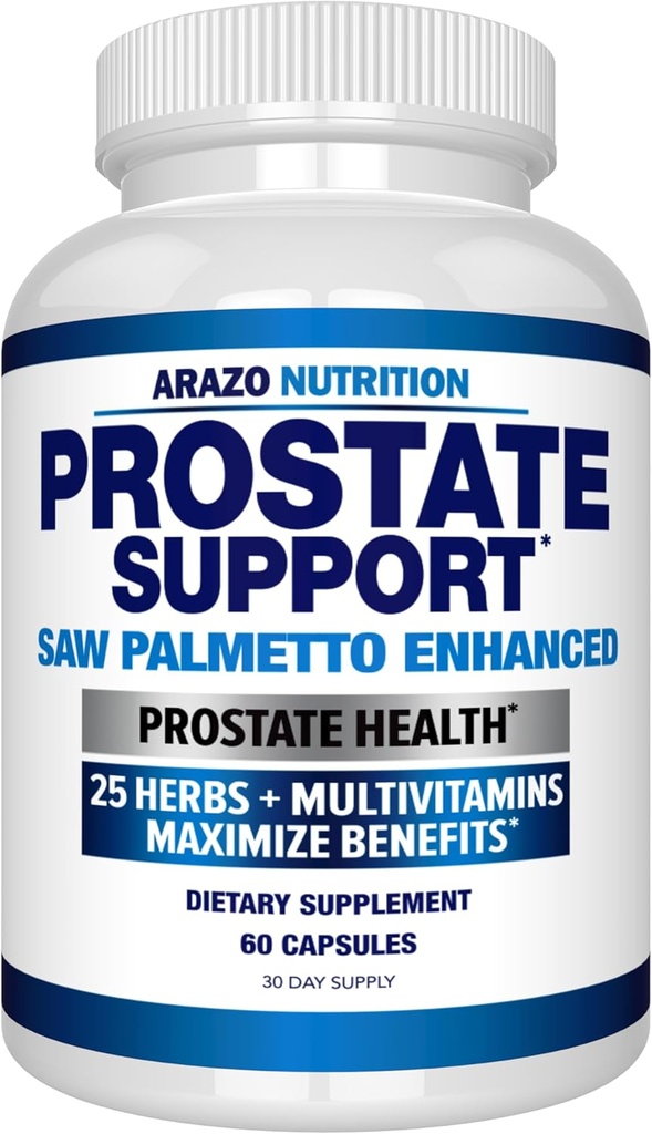 Arazo Nutrition Prostate Supplement - Saw Palmetto + 25 herbes - Réduire les mictions fréquentes, réduire la perte de cheveux, soutenir l'endurance – Extrait homéopathique unique de plantes suppléments de santé - Capsule ou pilule