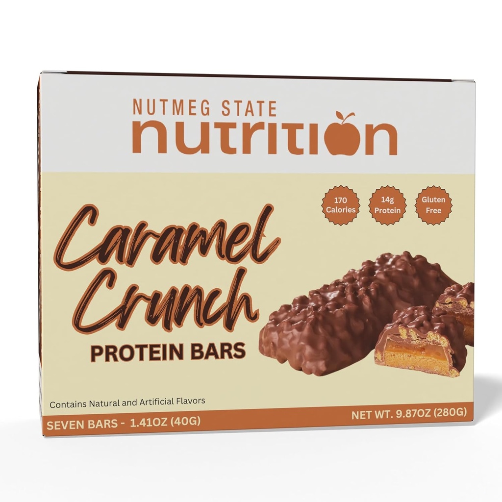 Nutrition de l'état de la noix de muscade - Hautes barres protéiques, sans gluten, faible cholestérol, faible teneur en sodium, faible teneur en sucre, compatible avec les protéines idéales, 7 portions par boîte (crunch de caramel)