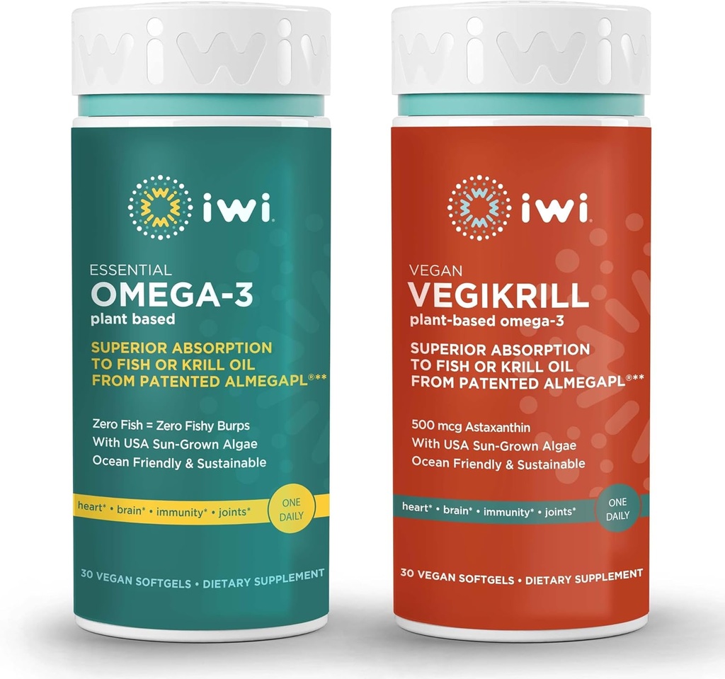 Iwi Omega-3 Essential & Vegikrill Omega-3 Bundle, 30 portions, Algae Omega à base végétale végétalienne 3, Krill & Huile de poisson Alternative, Aucun arrière-goût de poisson
