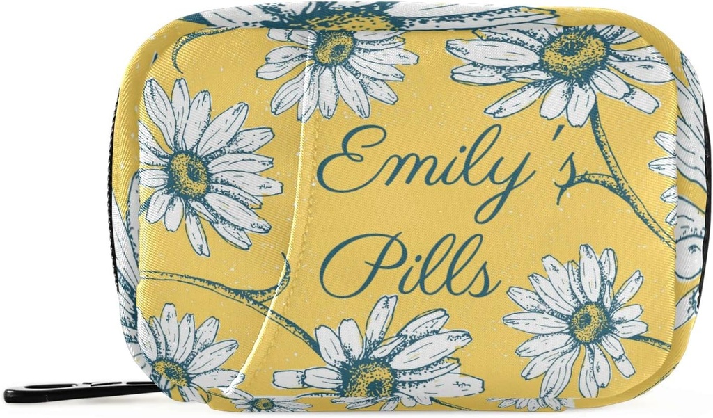 Custom Pill Box 7 Day Pill Case Bag Daisy Flowers Nom personnalisé Travel Pill Organizer Bag with Zipper Portable Weekly Case Compact Size for Vitamin Supplement Holder