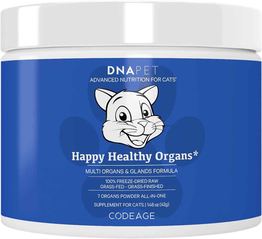 Happy Healthy Organs & Glands Supplement for Cats, Freeze-Dried Raw Bovin Foie Herbacée Bruant Coeur du foie Pancréas, Bovin Thymus Fer poudre multi-organes, articulations Vitamines de chat 1,48 oz