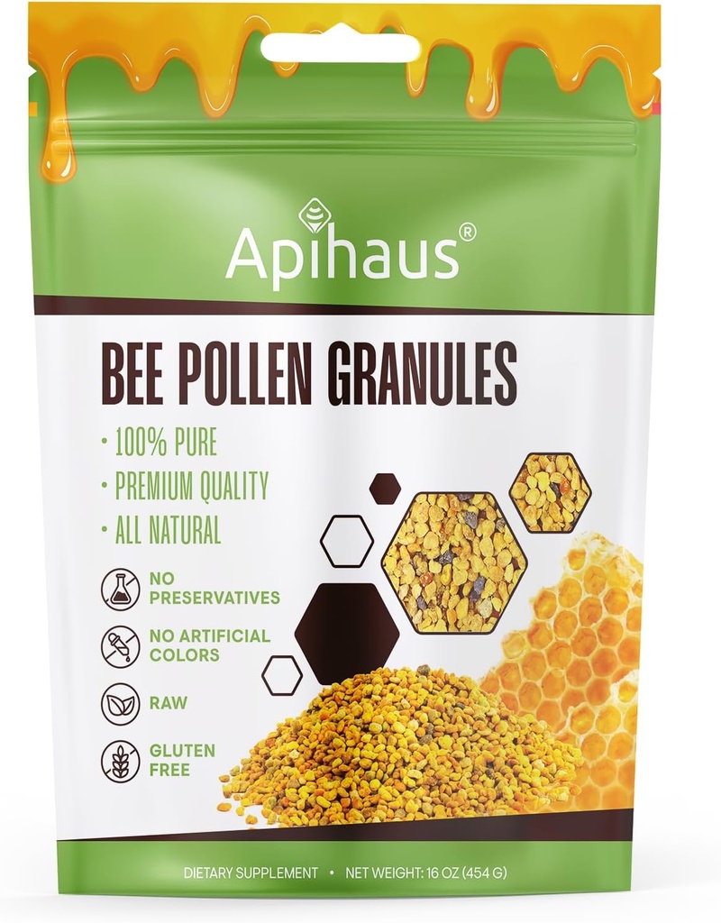 Granules de pollen d'abeille 1 lb - 100% Pure - Pollen d'abeilles crues fraîches - Superaliment emballé - Pollen d'abeille de qualité supérieure, sans gluten