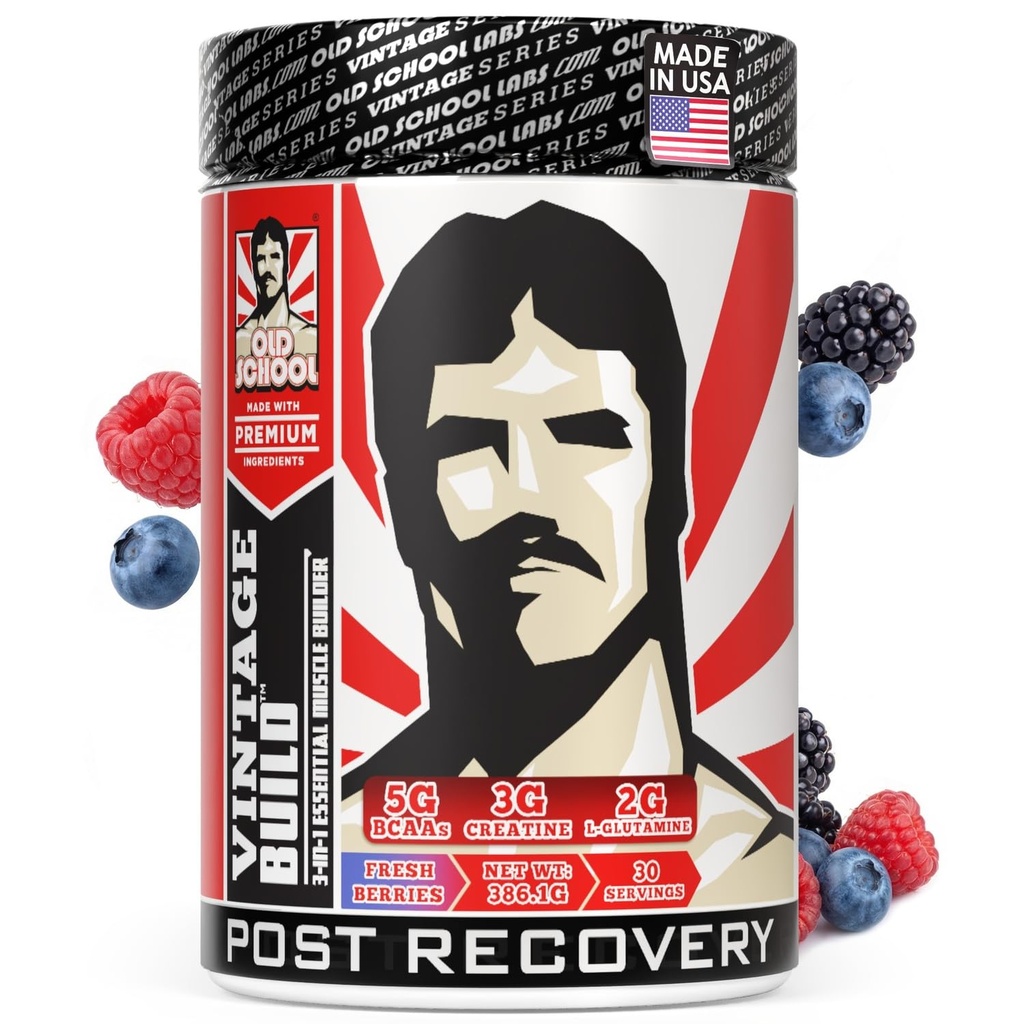 Old School Labs Vintage construire la récupération post-entraînement boisson en poudre avec BCAAs, créatine et L-glutamine pour soutenir la récupération musculaire et la force pour les hommes et les femmes – baies fraîches, 30 portions