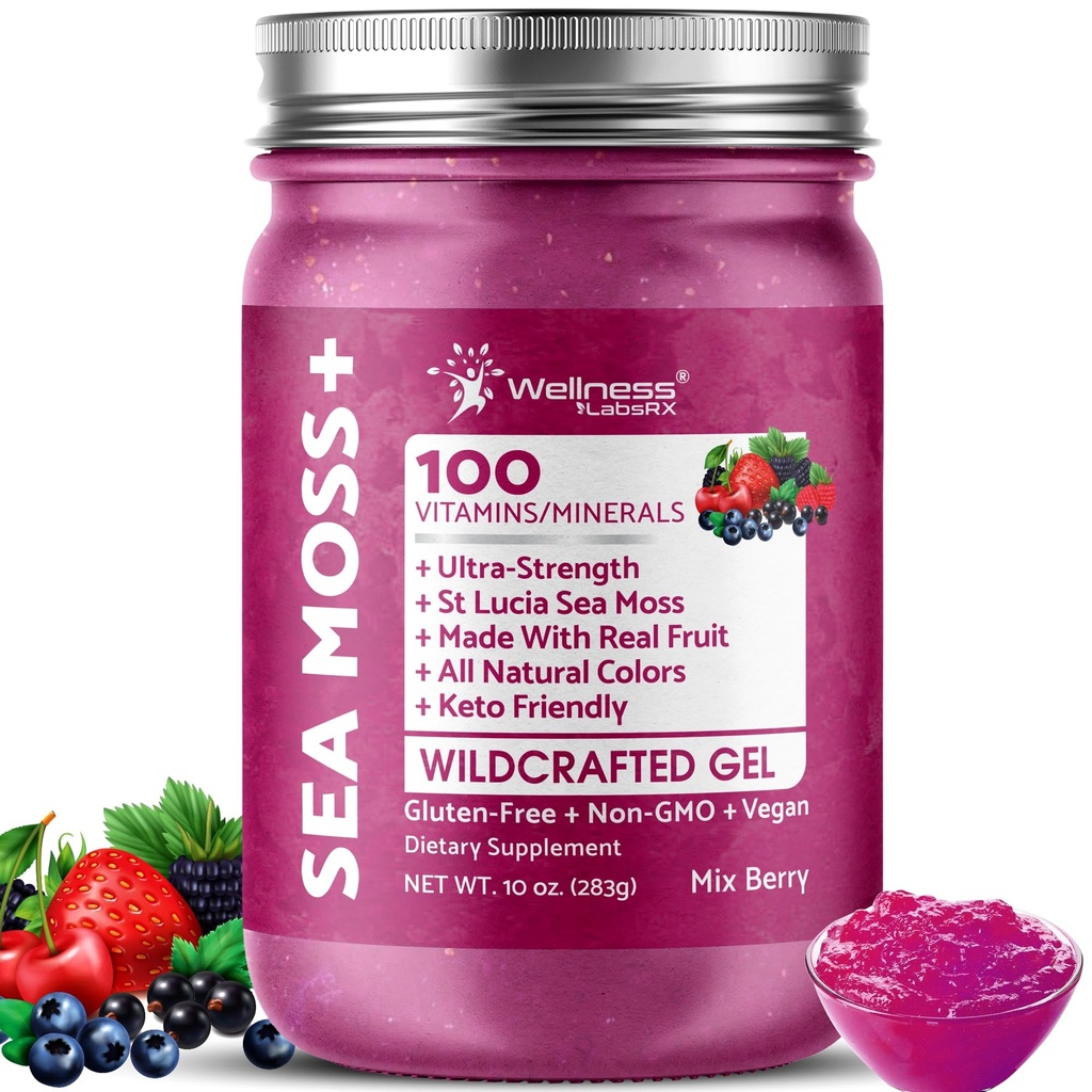 WELLNESS LABSRX Irish Sea Moss Gel Raw - Wildcrafted Superfood Seamoss Gel - Mélange d'arôme de baie, de vitamine et de minéral-Rich de Pristine Caribbean Waters, Immune and Digestive Health Support - 10 oz.