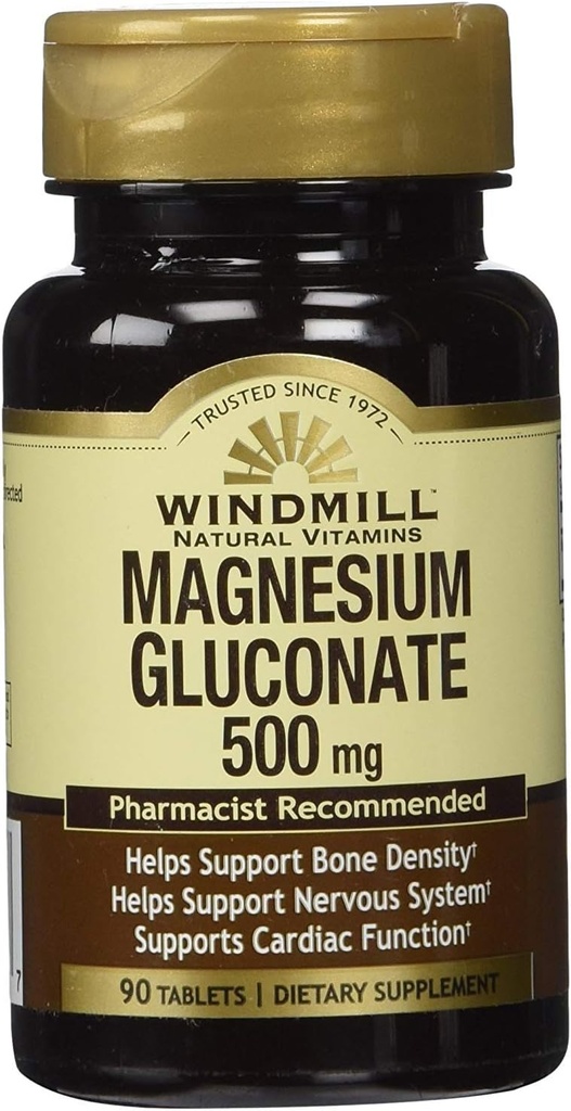Magnesium Gluconate 500 mg, 90 Tablets Per Bottle (3 Bottles).