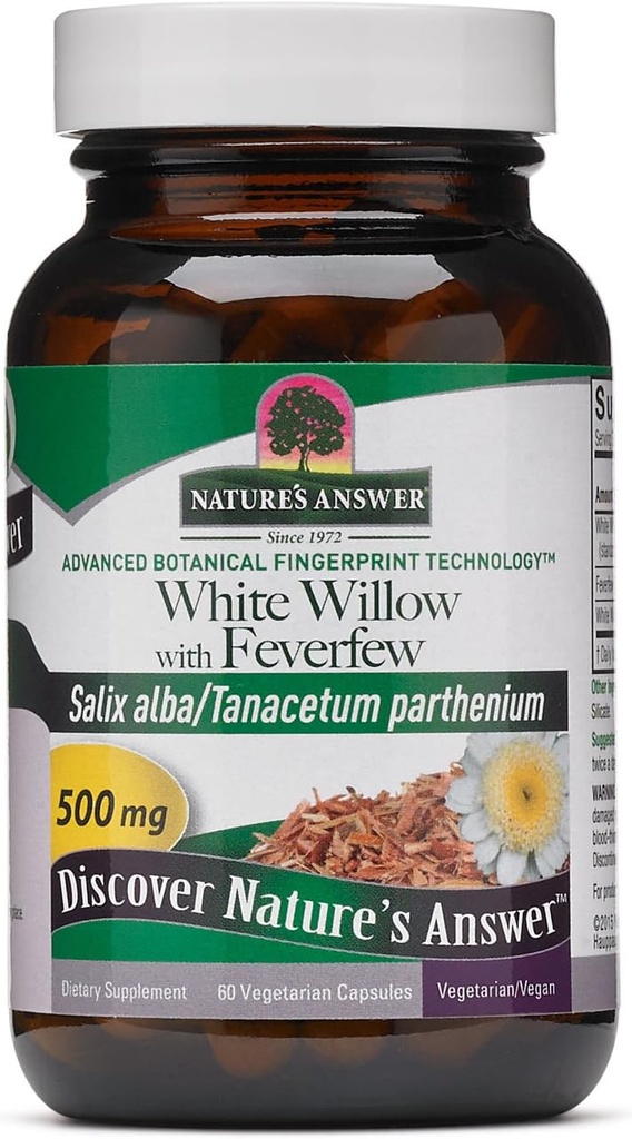 Nature's Answer White Willow with Feverfew 500mg 60-Capsules | Inflammation Support | Supports Joint Function | Gluten-Free, Non-GMO, Vegan, No Artificial Flavors or Preservatives | Single Count