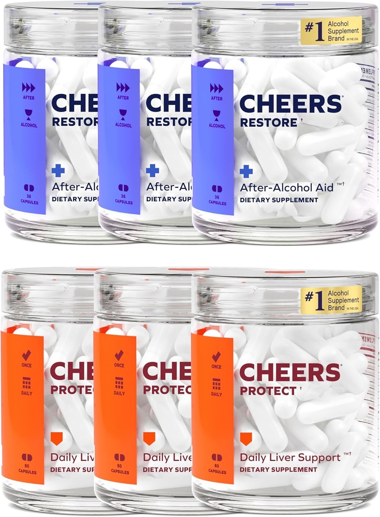 Cheers Foie Combo.Restaurer + Protéger.Supporter votre foie et se sentir mieux après avoir bu.DHM, L-Cysteine, Thistle de lait, Poire piquante, B-Vitamines.36 Doses Restore, 90 Doses Protect.