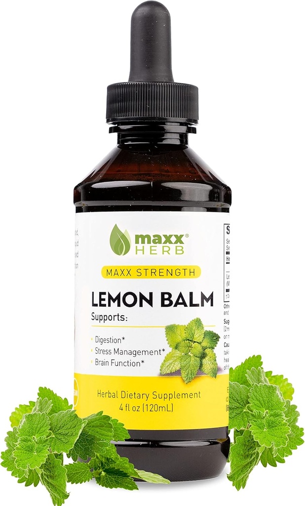 Maxx Herb Lemon Baume Extrait - Teinture liquide Max Strength Absorbe mieux que les capsules ou le thé, pour le support du système nerveux, et la gestion du stress - Sans alcool - 4 Oz bouteille (60 portions)