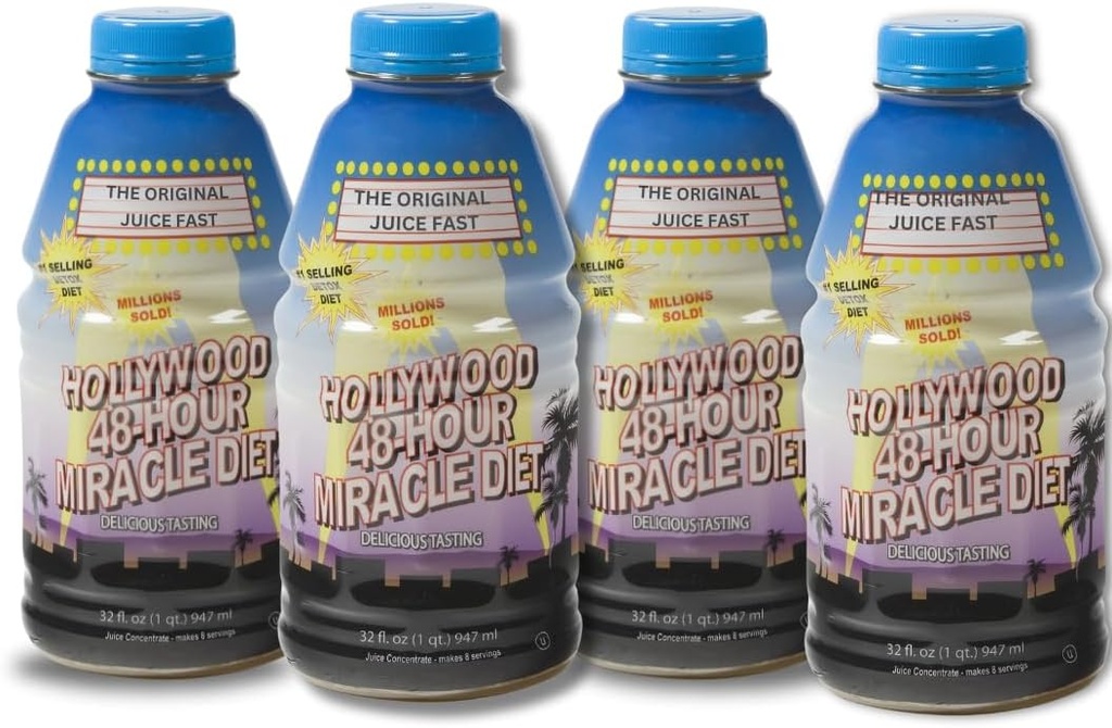 Alimentation hollywoodienne - 48 heures de jus de fruits miracles Cleanse Diet 4-Pack, Detox Cleanse pour la perte de poids et le rajeunissement, le remplacement des aliments, régime à action rapide, Delicious & Tasty Formula, 32 Fl. Oz.