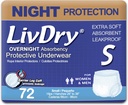 LivDry Adulte S Incontinence Sous-vêtements, Absorbance de confort nuit, Protection contre les fuites, Petit, 72-Pack