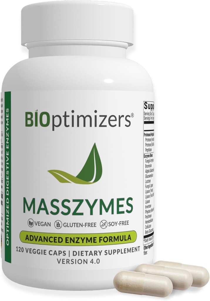 BIOptimizers MassZymes - Supplément complet enzymes digestifs pour la santé des Guts - Soulagement des ballonnements pour les hommes et les femmes - Lipase Amylase Bromelain Enzymes digestives (120 capsules)