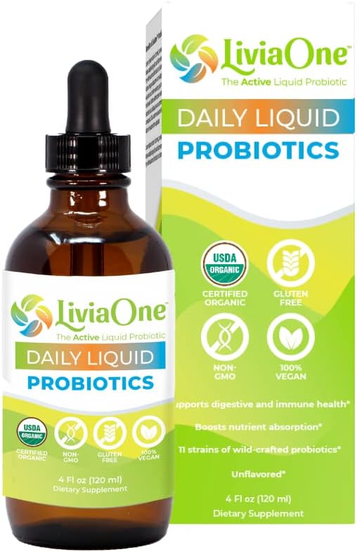 Probiotiques liquides quotidiens LiviaOne, probiotiques biologiques certifiés USDA, probiotique végétalien sans allergène et sans gluten pour les femmes et les hommes, non OGM et cru, 4 Fl Oz (paquet de 1)
