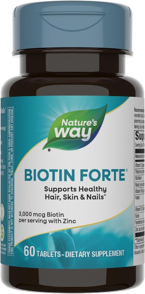 Nature's Way Biotin Forte, soutient la santé des cheveux et de la peau*, l'énergie et la fonction nerveuse*, 60 comprimés