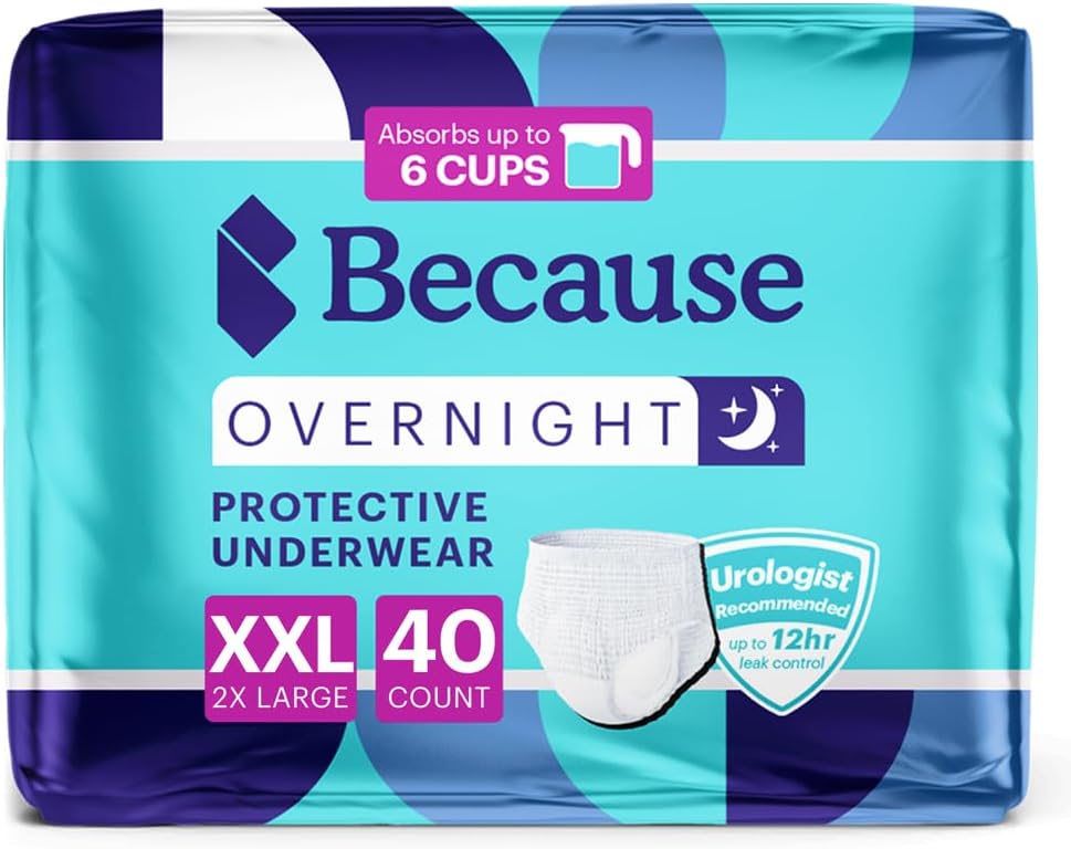 Parce que la nuit s'absorbe - sous-vêtements d'incontinence jetables pour adultes, slips de nuit extra absorbants pour hommes et femmes, blanc, XXLarge, 40 comte (4 paquets de 10)