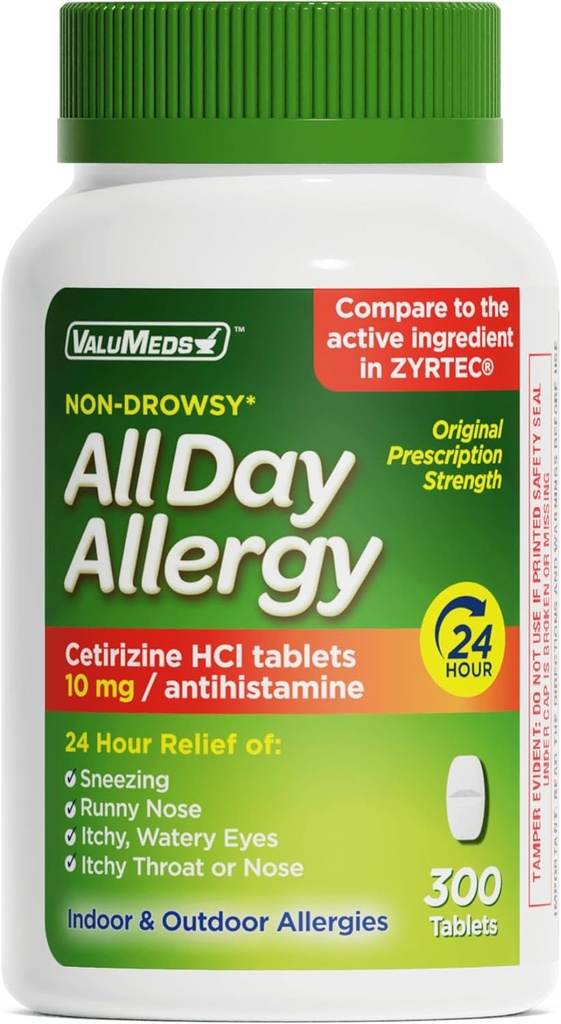 ValuMeds anti-allergie 24 heures sur 24 Antihistamine pour Pollen, Fièvre de Hay, Yeux secs, Démangeaisons, Allergies
