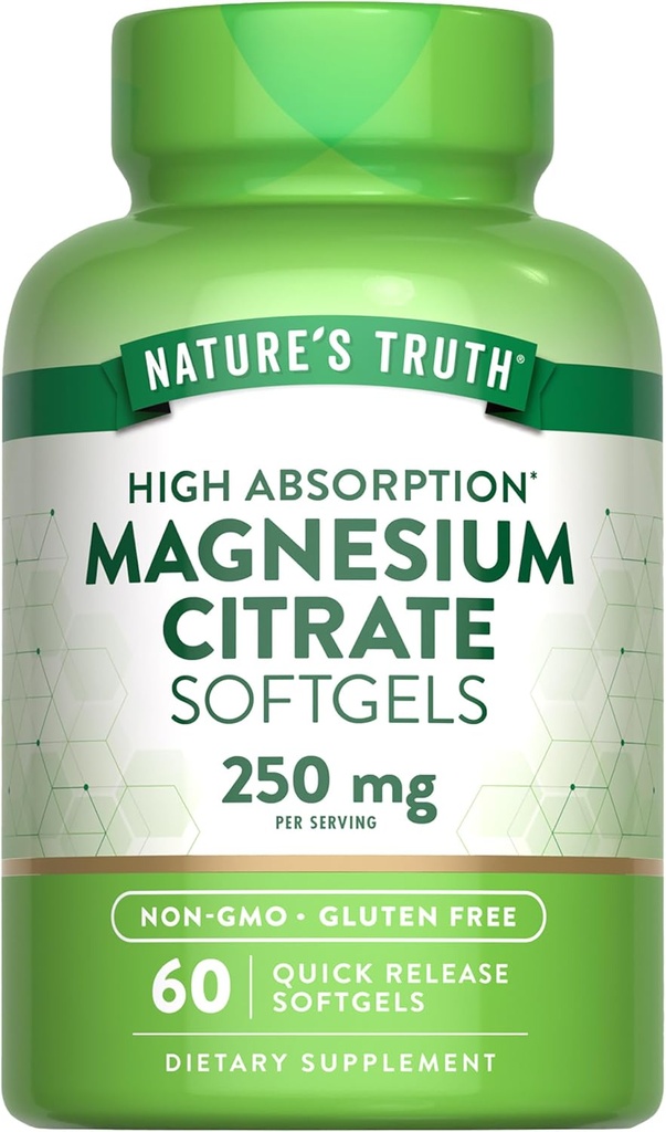 La vérité de la nature Magnésium Citrate Softgels , 250mg , 60 Compte , Haute absorption , Supplément sans OGM et sans gluten