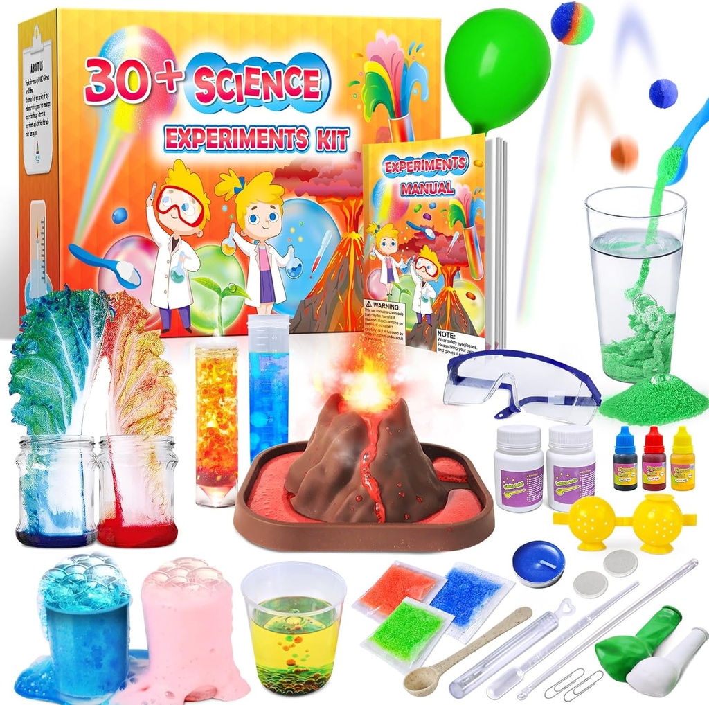 UNGLINGA 30+ Expériences Kits scientifiques pour enfants, S.T.E.M Activités du projet éducatif Jouets Cadeaux pour garçons filles, Ensemble de chimie, Boule gonflable, Éruption volcanique