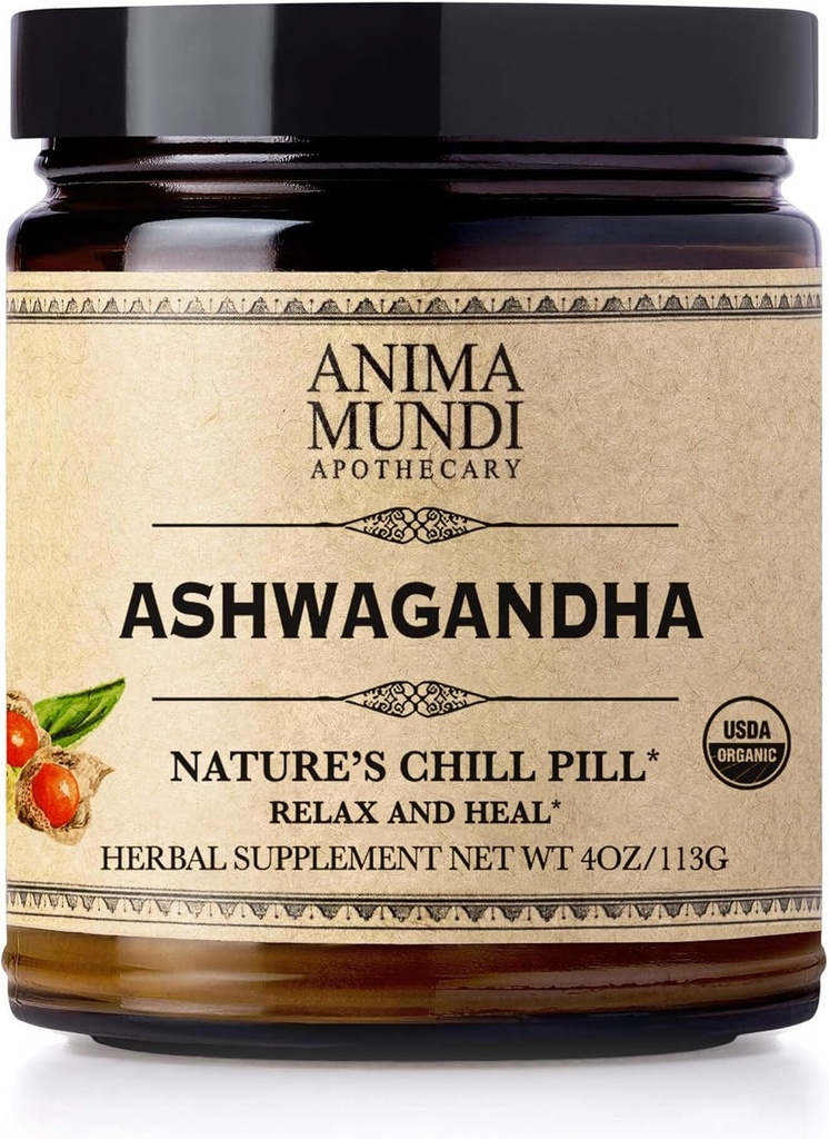 Anima Mundi Poudre d'Ashwagandha - Poudre de racine biologique d'Ashwagandha provenant de l'Inde - communément connue comme poudre de racine indienne de ginseng - Supplément à base de plantes calmante - Ajouter au thé, café et plus (4oz / 113g)