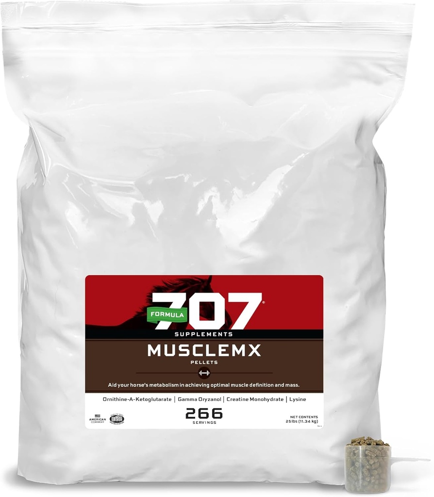 Formule 707 MuscleMx Supplément Hippique, sac de recharge de 25lb – Support de conditionnement et constructeur de muscles pour chevaux avec Lysine, Gamma Oryzanol, Créatine et OKG