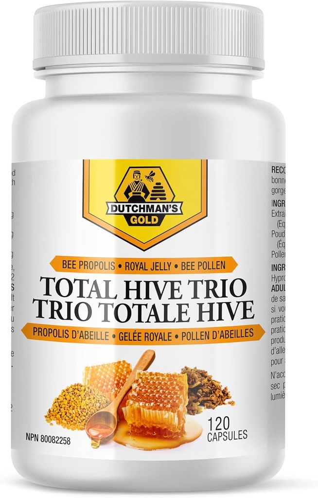 Dutchman's Gold Total Hive Trio Capsules - 120 Veg Caps Environ 30-60 portions - Bee Pollen Royal Jelly & Propolis Supplement - Superfoods for Antioxydant Imune Support - Natural Honey Mix