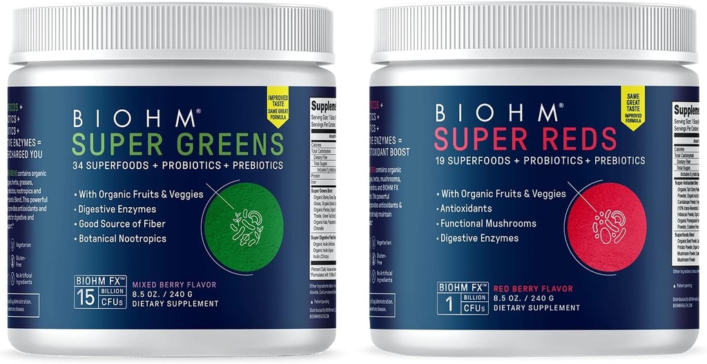 BIOHM Super Reds and Greens Bundle, poudre super-alimentaire avec probiotiques et enzymes digestives, emballé avec des antioxydants et des polyphénols, sans allergène, non-OGM, végétalien - 30 portions