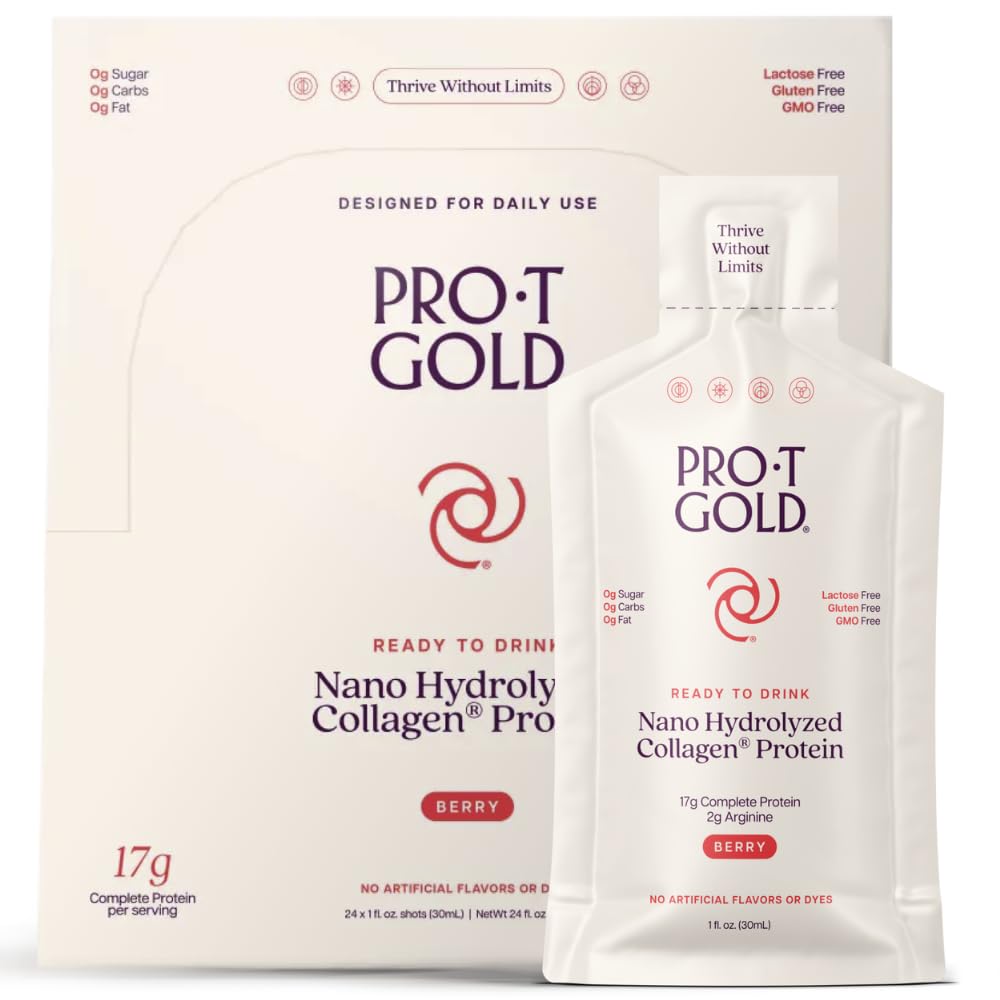 ProT Gold Collagen Protéine de collagène liquide, 17g Protéines claires Nano-Hydrolyzed Grass Collagen, 2g Arginine pour le soutien de la plaie, sans gluten, sans sucre, 0g Carbes, non OGM, baie, 1 fl oz, 24 Pack