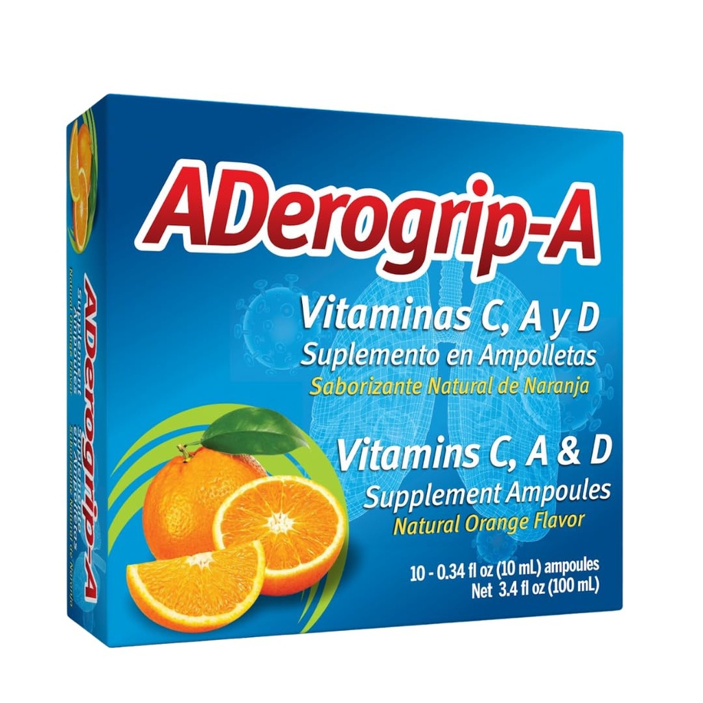 Aderogripa Immune Support Vitamins C, A & D | Liquid Supplement | 10 Natural Orange Flavor Ampoules | Boost Your Immune System | Box of 10 x 10ml Ampoules | Suplemento en Ampolletas