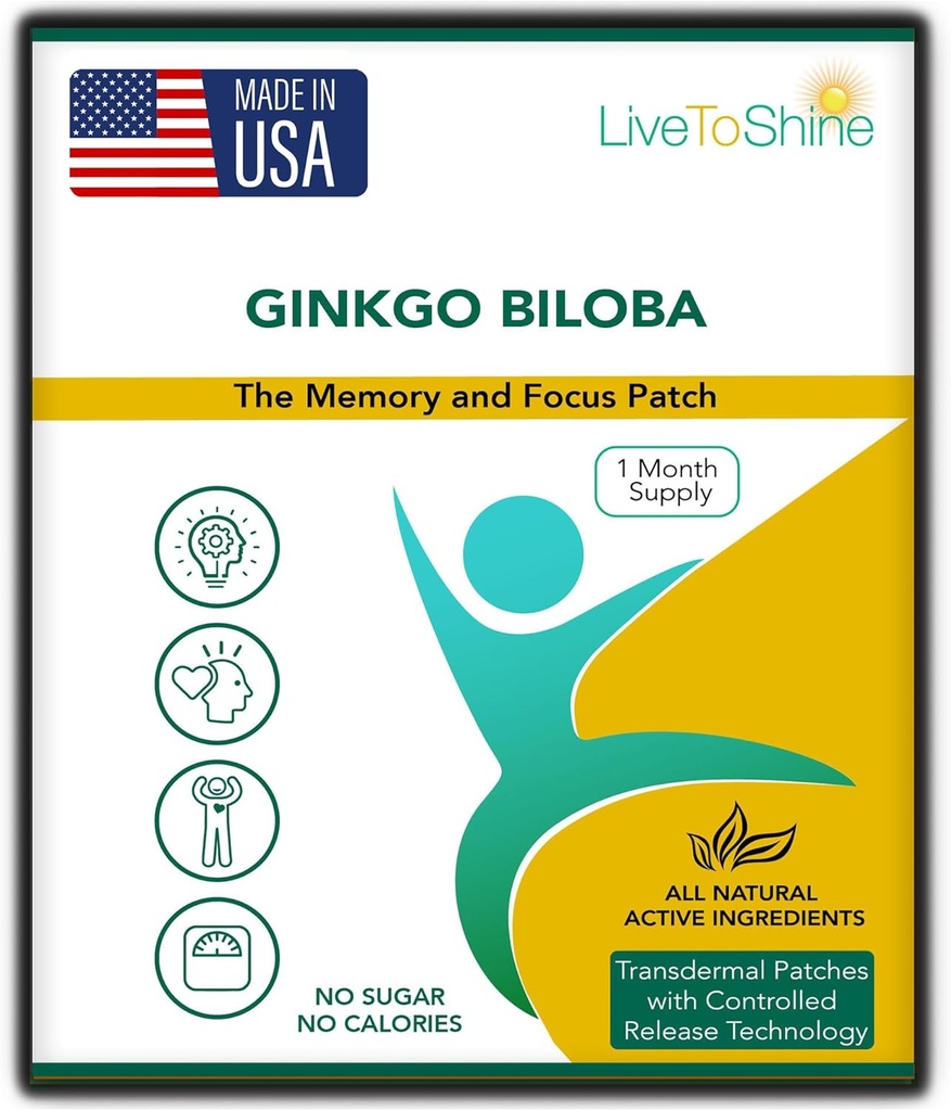 Live To Shine Ginkgo Biloba Patch - 30 Gingko Transdermal Patches - Un mois d'approvisionnement pour les femmes et les hommes - USA Made