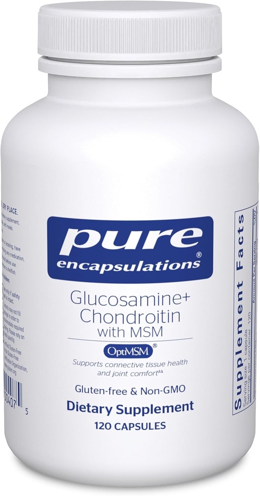 Encapsulations pures Glucosamine Chondroitine avec MSM - Soutient la formation de cartilage mixte et normale* - Maintient l'activité enzymatique - Sans gluten et sans OGM - 120 capsules