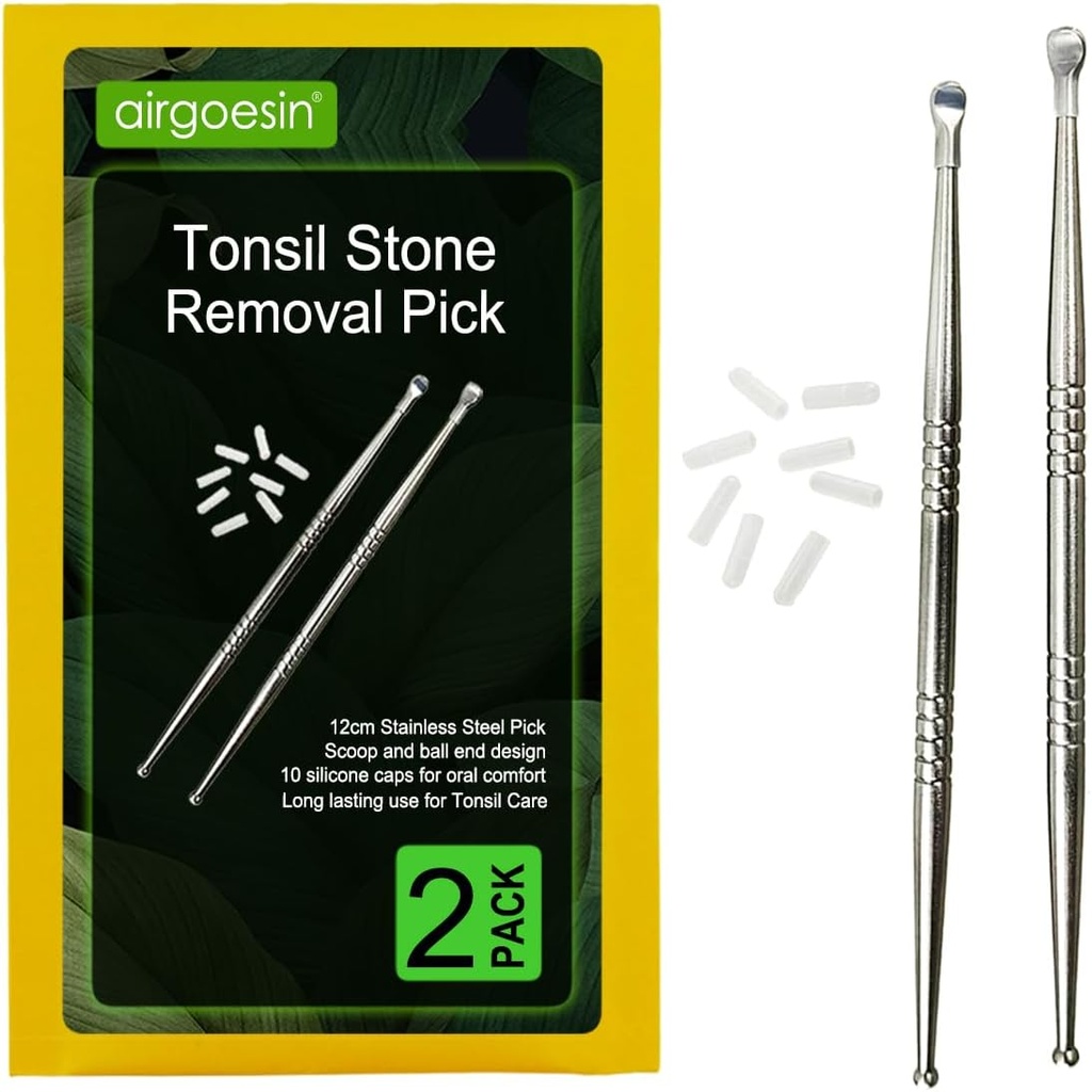 Airgoesin 2pcs Tonsil Stone Removal Pick Tonsillolith Premium Tool Acier inoxydable Oral Cleaner avec 10 bouchons en silicone doux