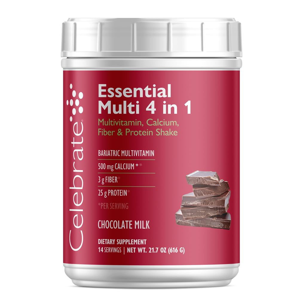 Célébrez les vitamines essentielles Multi en poudre 4-en-1 - Multivitamine bariatrique, 500mg de calcium, 4g de fibre, 25g de mélange protéinique Shake - lait de chocolat (14 portions)