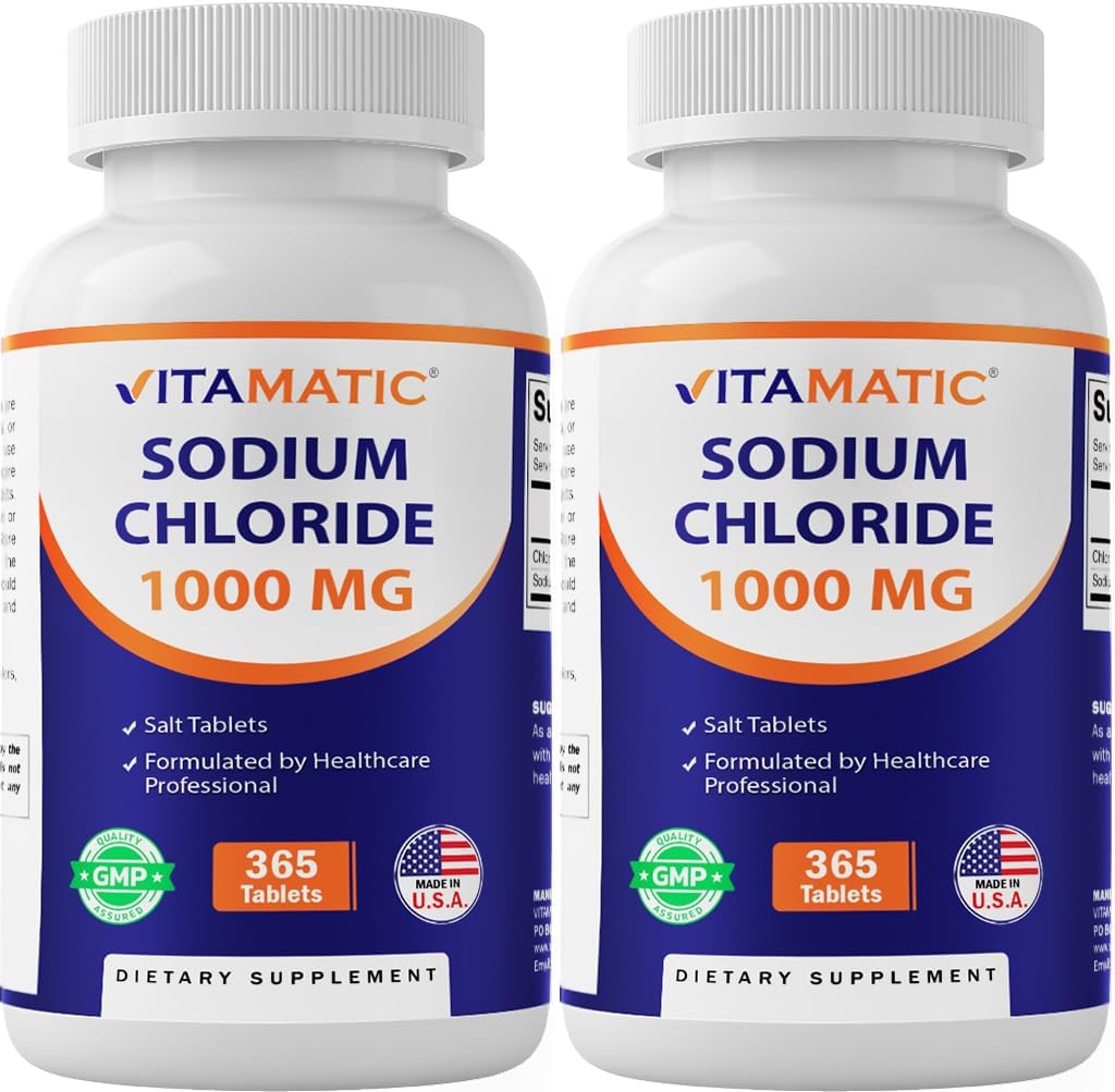 Chlorure de sodium vitamatique 1000mg – 365 comprimés -2 bouteilles Electrolyte Replenisher & Support d'hydratation – Non-OGM, sans gluten