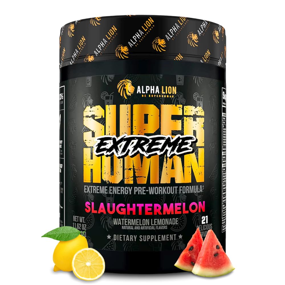 ALPHA LION Superhumain Poudre de pré-entraînement ultra-stim, Beta Alanine, L-Taurine et 356mg Caféine Tri-Source pour l'énergie soutenue, l'oxyde nitrique et la citrulline pour pompe (21 portions, Slaughtermelon)