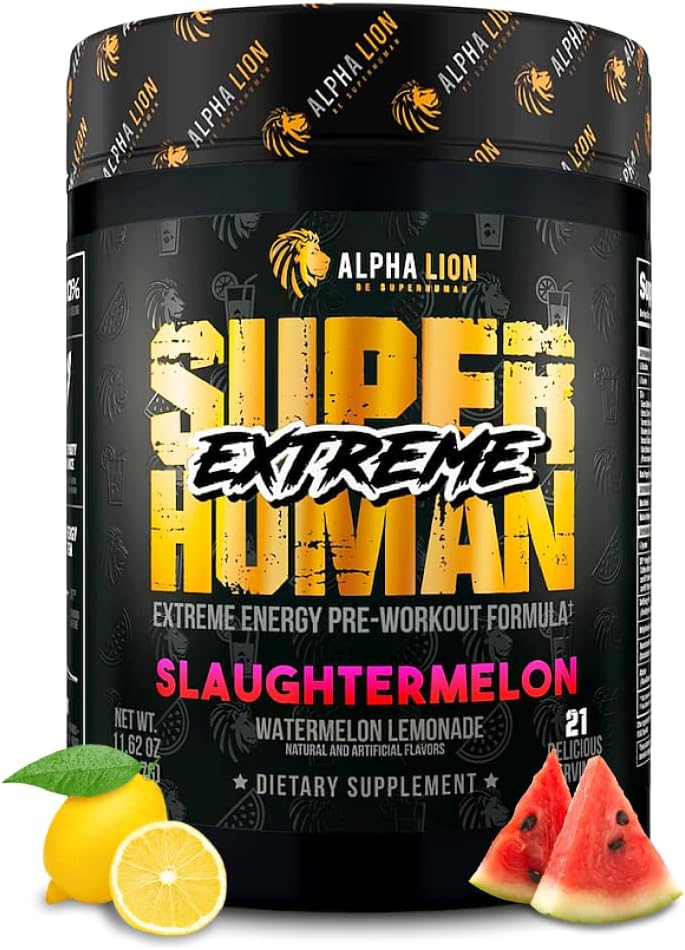 ALPHA LION Superhumain Poudre de pré-entraînement ultra-stim, Beta Alanine, L-Taurine et 356mg Caféine Tri-Source pour l'énergie soutenue, l'oxyde nitrique et la citrulline pour pompe (21 portions, Slaughtermelon)
