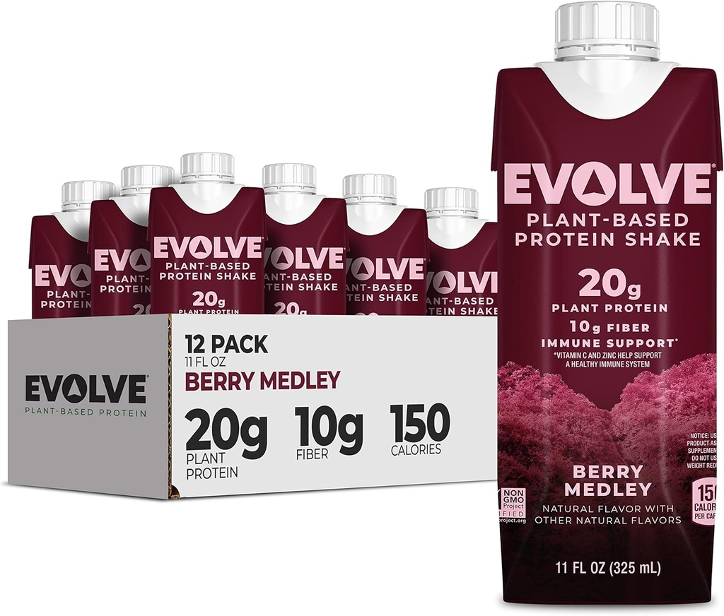 Evolve à base de protéines à base de plantes, Berry Medley, 20g Protéine végétalienne, soutien immunitaire, vitamine C et zinc, sans lait, sans édulcorants artificiels, non-OGM, 10g fibre, 11oz, (12 Pack) (Formula May Vary)