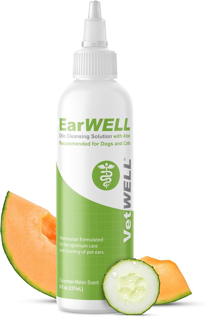 Nettoyeur d'oreille VetWELL pour chiens et chats - Rincement otique pour infections et contrôle des infections et de l'odorat chez les animaux de compagnie - 8 oz (Cucumber Melon)