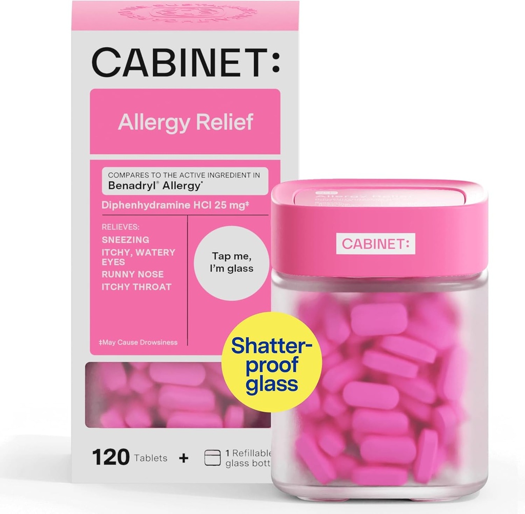 Cabinet: Diphenhydramine 25mg Altergy Relief Antihistamine Comprimés pour Allergies, Fièvre de Hay, et Runny Nez, 120 comprimés (Bouteille de verre rechargeable)