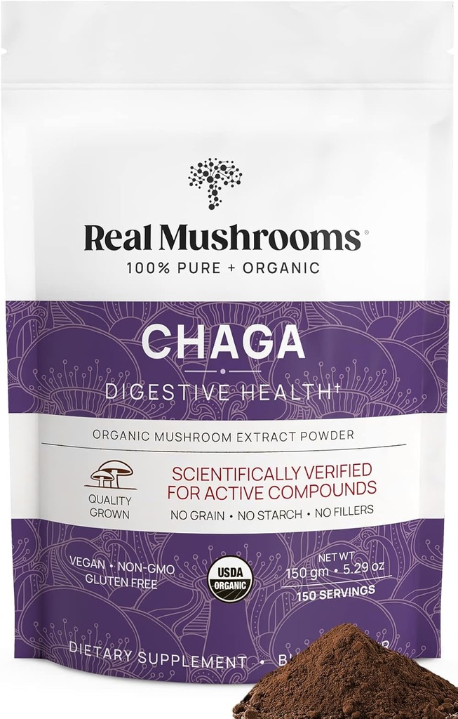 Véritables champignons Chaga Poudre de champignons – Extrait de chaga biologique du corps fruitier – pour le bien-être et le soutien énergétique – Vegan, non-OGM, 150 portions – Supplément de champignons pour usage quotidien