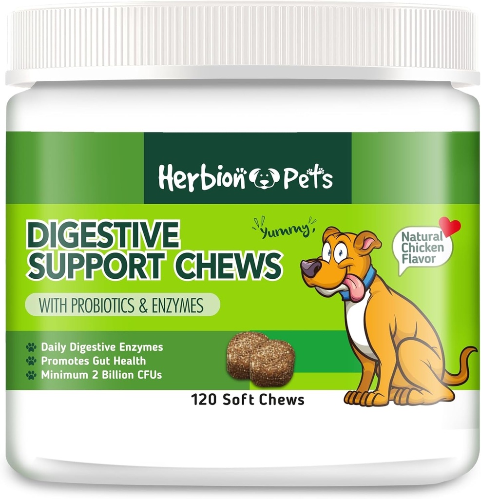 Herbion Pets Digestive Support Chews with Probiotics & Enzymes, 120 Soft Chews, with Daily Digestive Enzymes, for Improved Gut Health, Minimum 2 Billion CFUs, Made in USA for Dogs 12 Weeks+, Pack 1