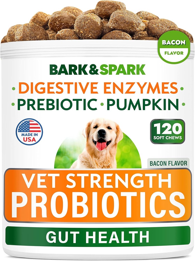 BARK&SPARK Vet Strength Dog Probiotics Chews - Gaz, Diarrhée, Allergie, Constipation, Relief de l'estomac relevé, avec enzymes digestives + citrouille + Prébiotiques - Supplément de fibre à mâcher - 100ct - Bacon