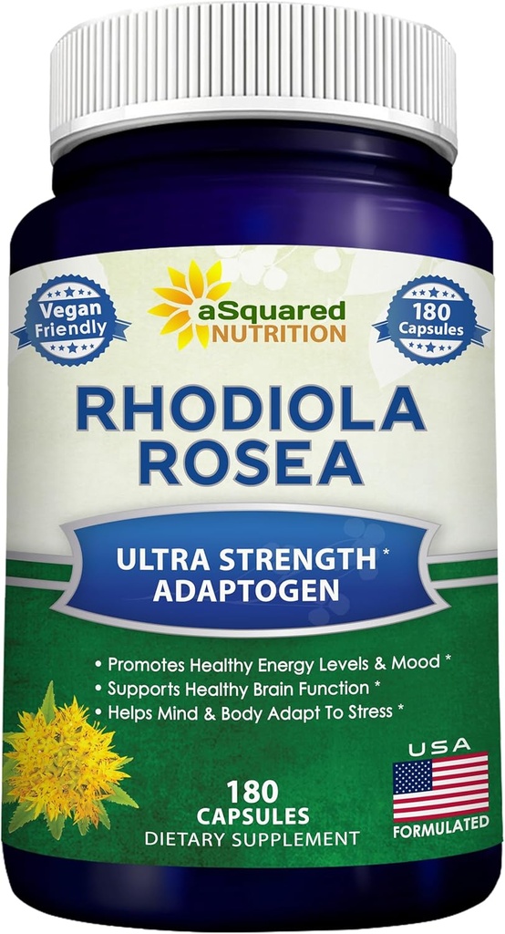 aSquared Nutrition Rhodiola Rosea Supplement 1000mg - 180 Vegan Capsules - Max Strength Rhodiola Root Extract Pills Improve Pure Energy, Brain Function & Stress Relief -Golden Root Herb Powder Tablets