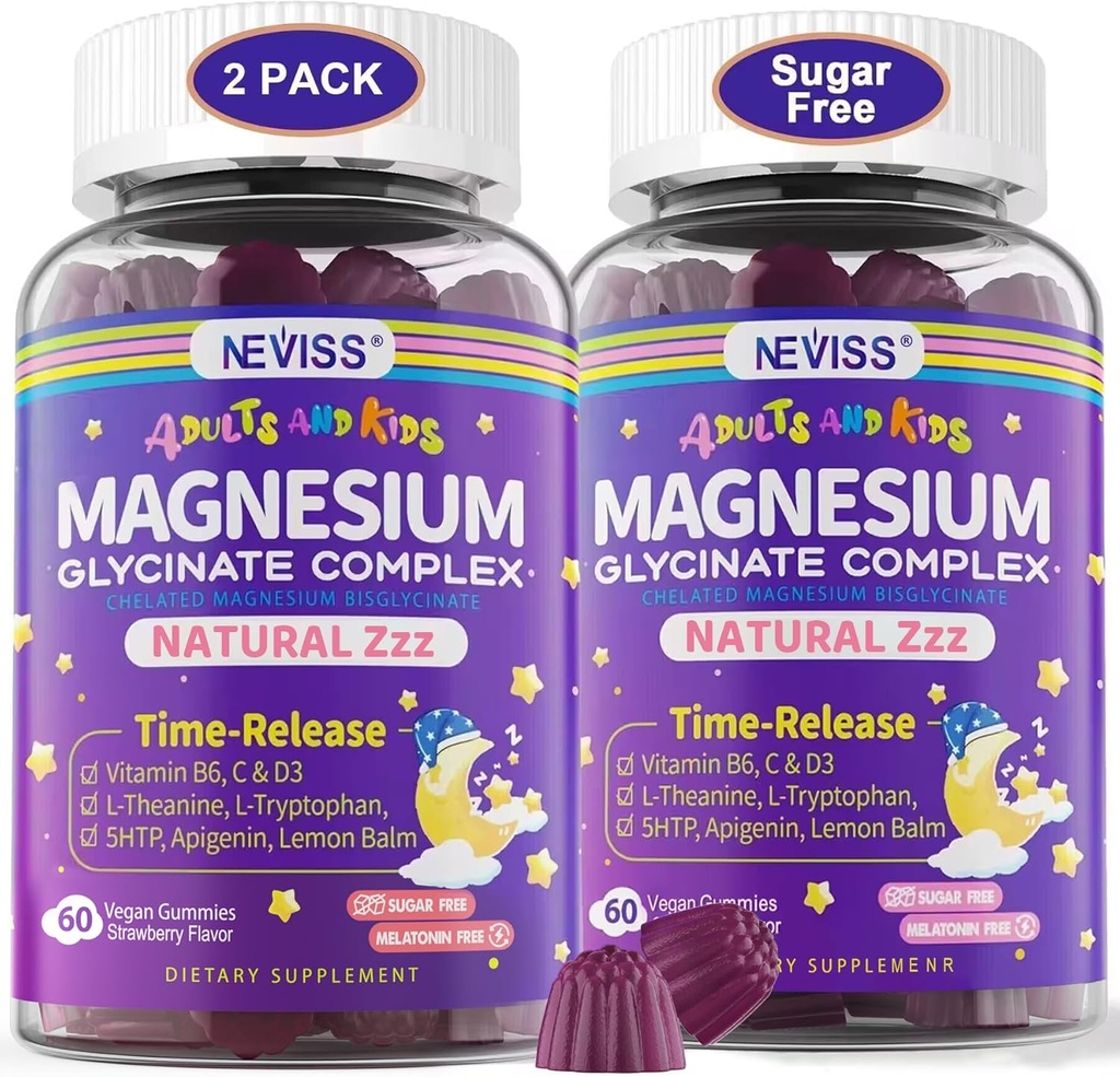 Glycinat de magnésium pour adultes et enfants 4+, supplément de Bisglycinate de magnésium sans sucre 400/200mg avec B6D3, 5HTP, L-Theanine pour le sommeil et la détente, cerveau, muscle, gommes sans mélatonine,2Pack