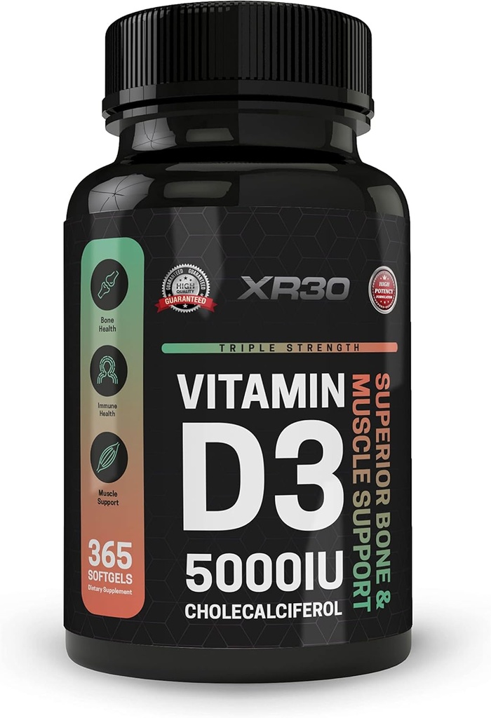Vitamine D3 5000IU Cholecalciferol - Soutien des os et des muscles supérieur - 365 Softgels - Fabriqué aux États-Unis