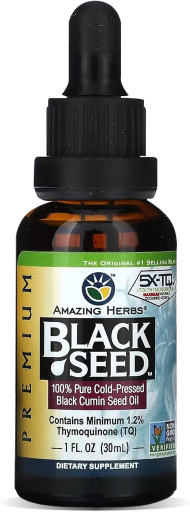 Amazing Herbs Premium Huile de Graine Noire - Nigella Sativa pressée froide aide à la santé digestive, le soutien immunitaire, la fonction cérébrale, la mobilité articulaire, sans gluten, non OGM - 1 Fl Oz